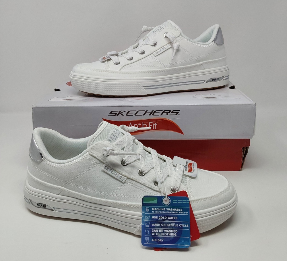 Skechers Arch Fit Arcade Glitzle Women's 7 White Silver Sneakers 190214 NIB - Picture 1 of 16